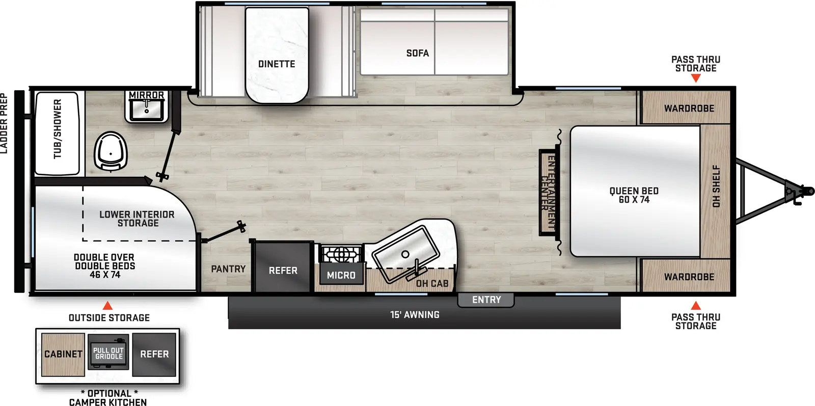 The 261BHS has one slide out and one entry. Exterior features a 15 foot awning, rear outside storage, and front pass thru storage. Interior layout front to back: foot facing queen bed with overhead shelf and night stands on each side; island entertainment center along inner wall; off-door side slideout with sofa and dinette; door side entry, kitchen counter with sink, overhead cabinet, microwave, cooktop, refrigerator, and pantry; rear door side double over double bunks; rear off-door side full bathroom. 